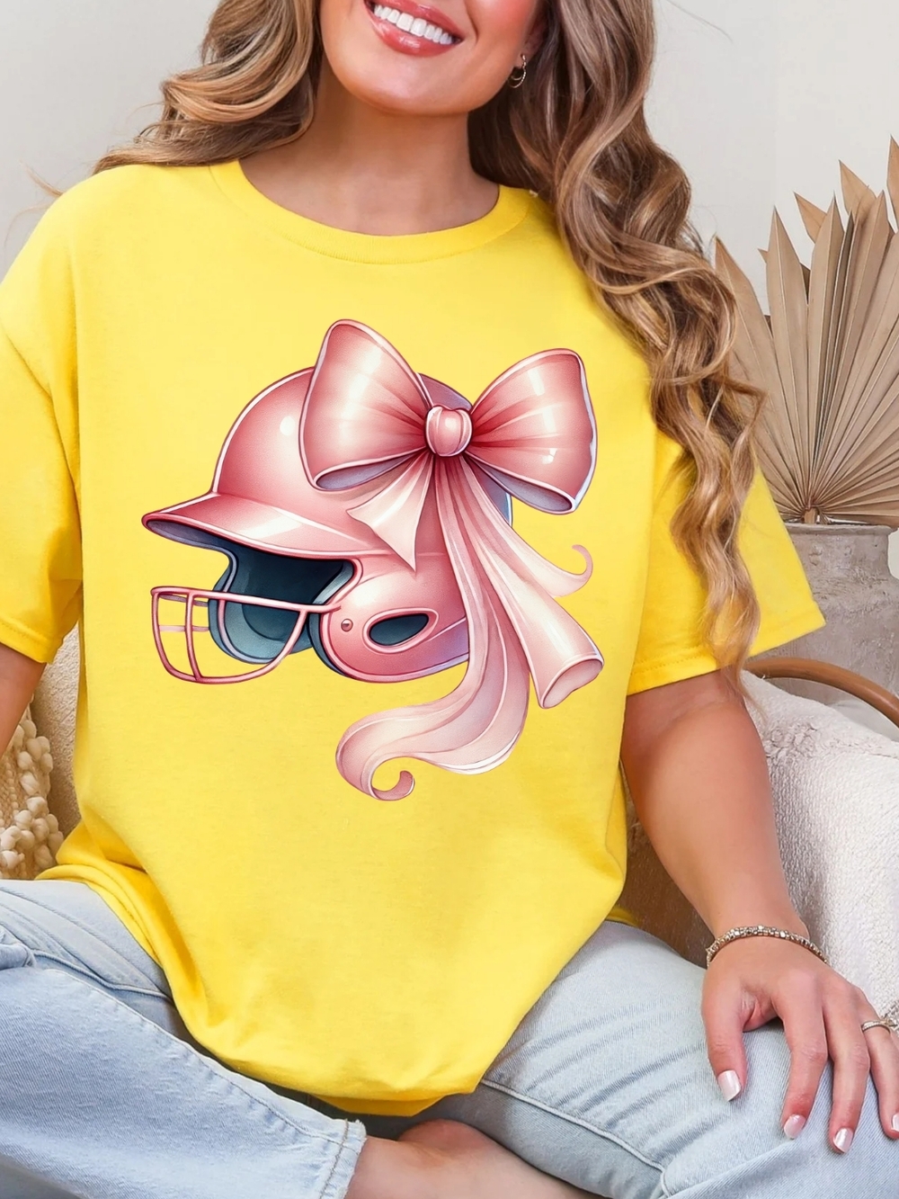 Gildan Yellow Tee with Pink Helmet Bow Graphic